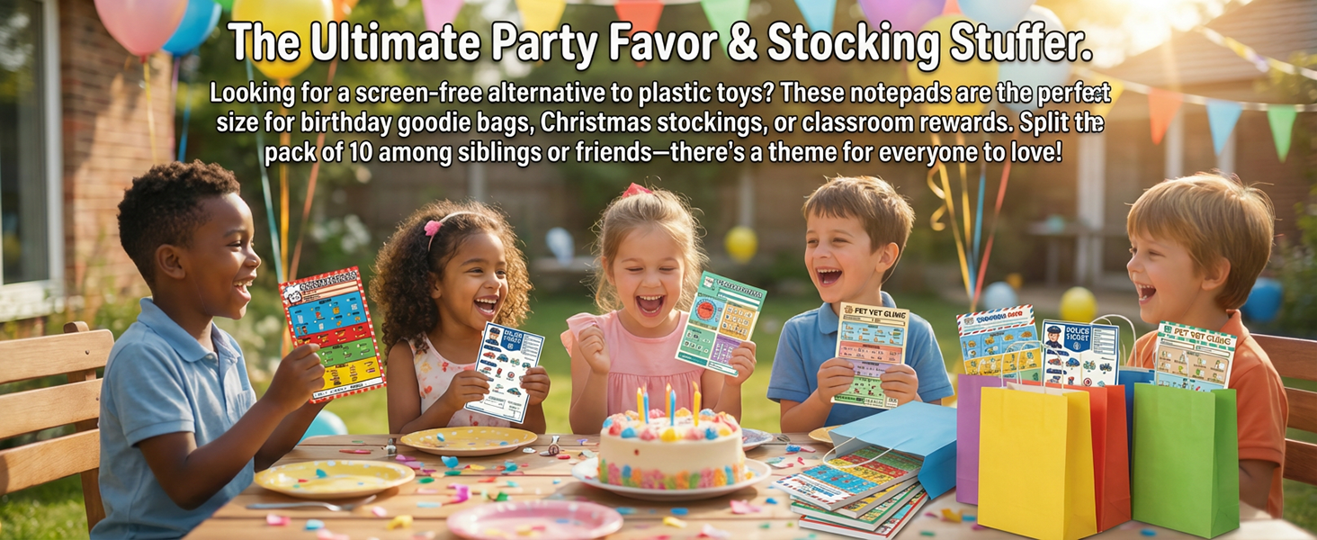 Children holding assorted pretend play notepads at a party