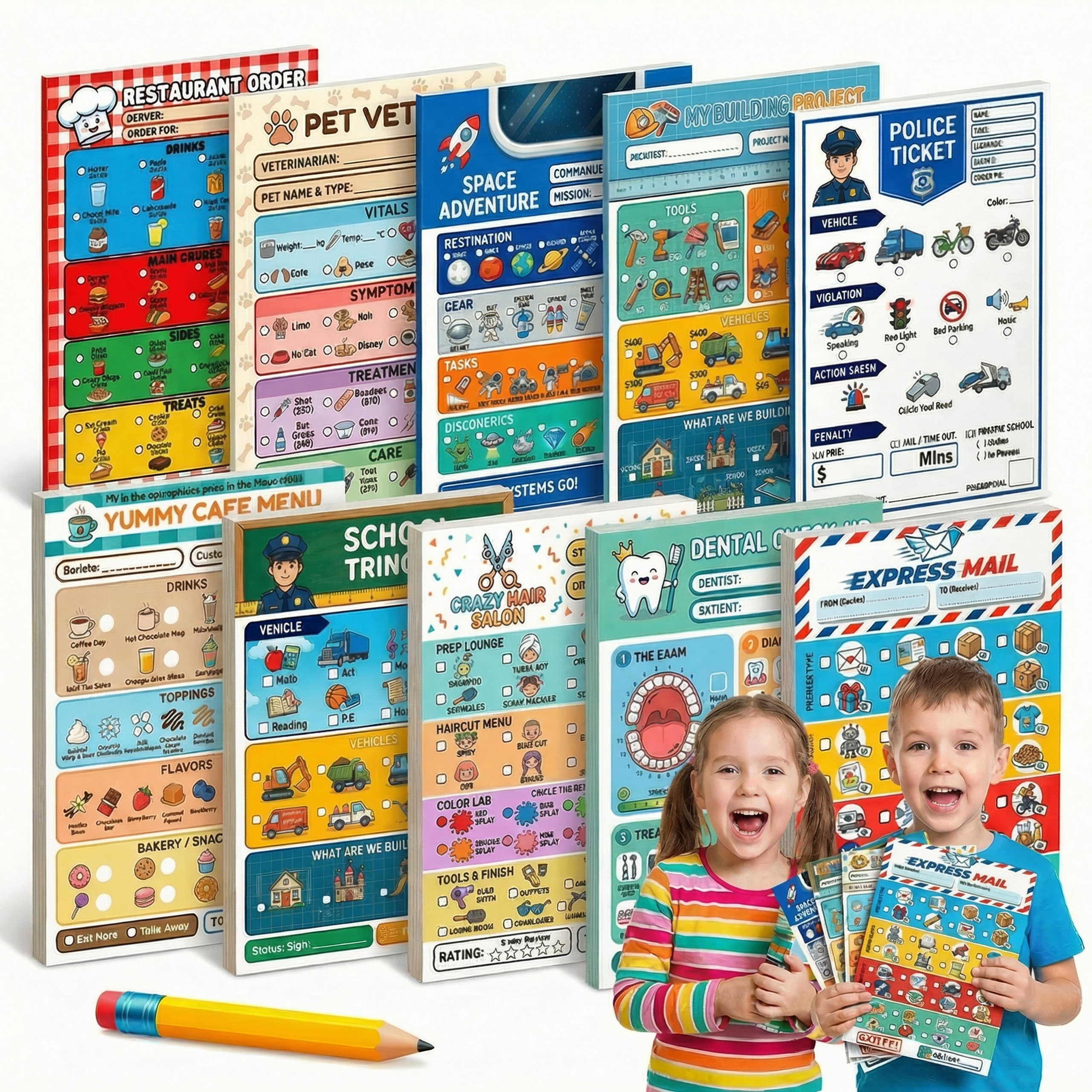 Complete set of ten colorful kids pretend play notepads